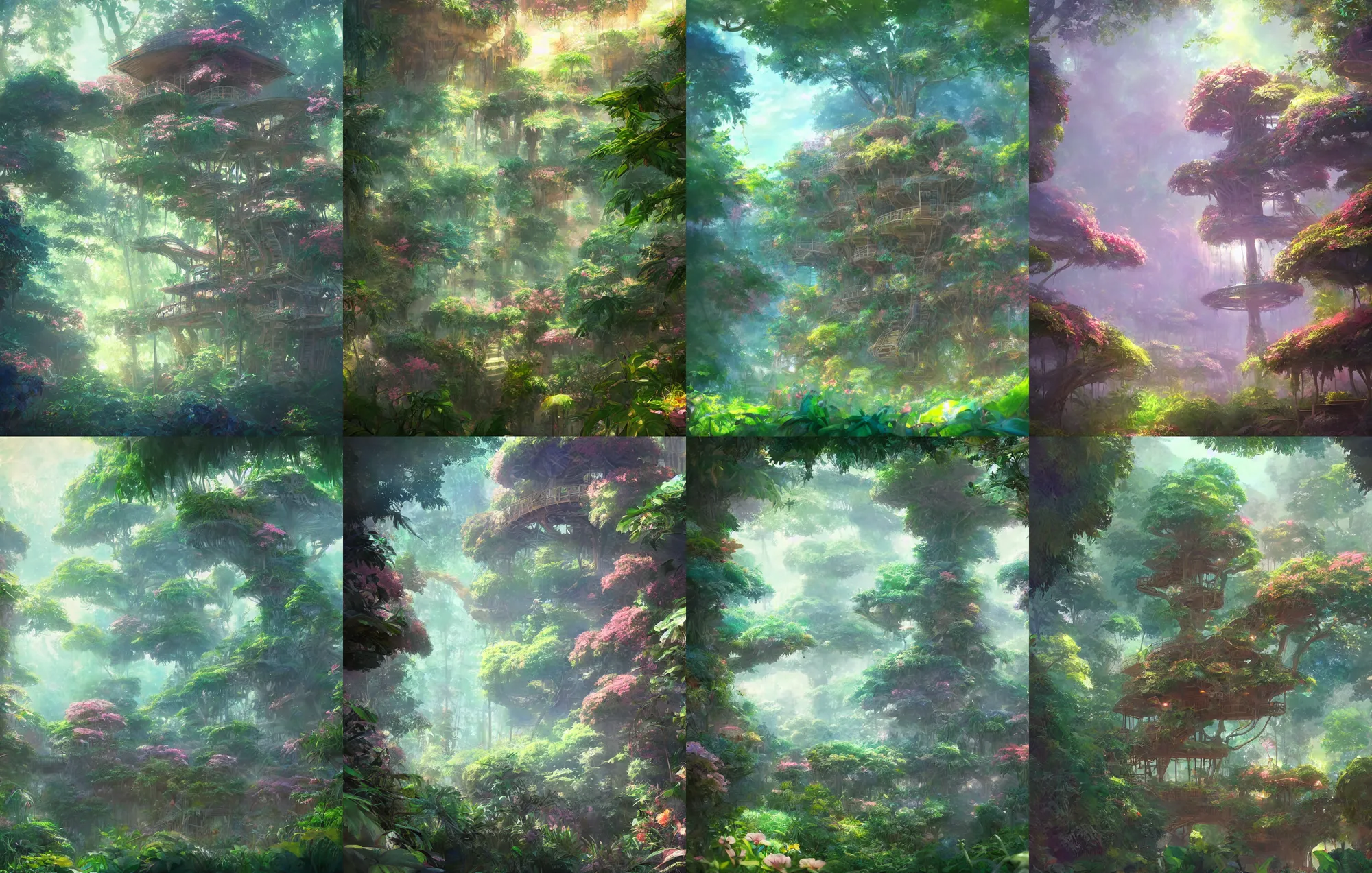 Prompt: floral jungle treehouse, environment concept art, daytime ethereal anime, high detail Impressionist style, dreamy light color palette, style of studio ghibli and moebius, concept art stunning atmosphere, trending on artstation, volumetric light