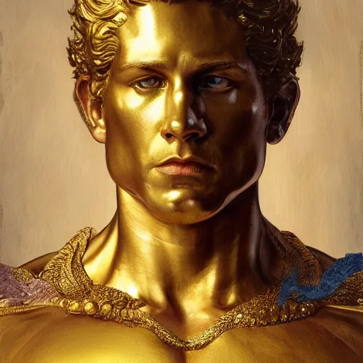 Image similar to ultra realistic illustration, a golden statue of a herculean glenn howerton as the god apollo, intricate, elegant, highly detailed, digital painting, artstation, concept art, smooth, sharp focus, illustration, art by artgerm and greg rutkowski and alphonse mucha