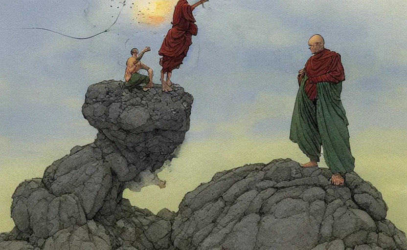 Prompt: a hyperrealist watercolour concept art of a monk and a grey alien levitating a huge rock in the air over his head. it is a misty night on the moors of ireland. by rebecca guay, michael kaluta, charles vess and jean moebius giraud. high detail, hq