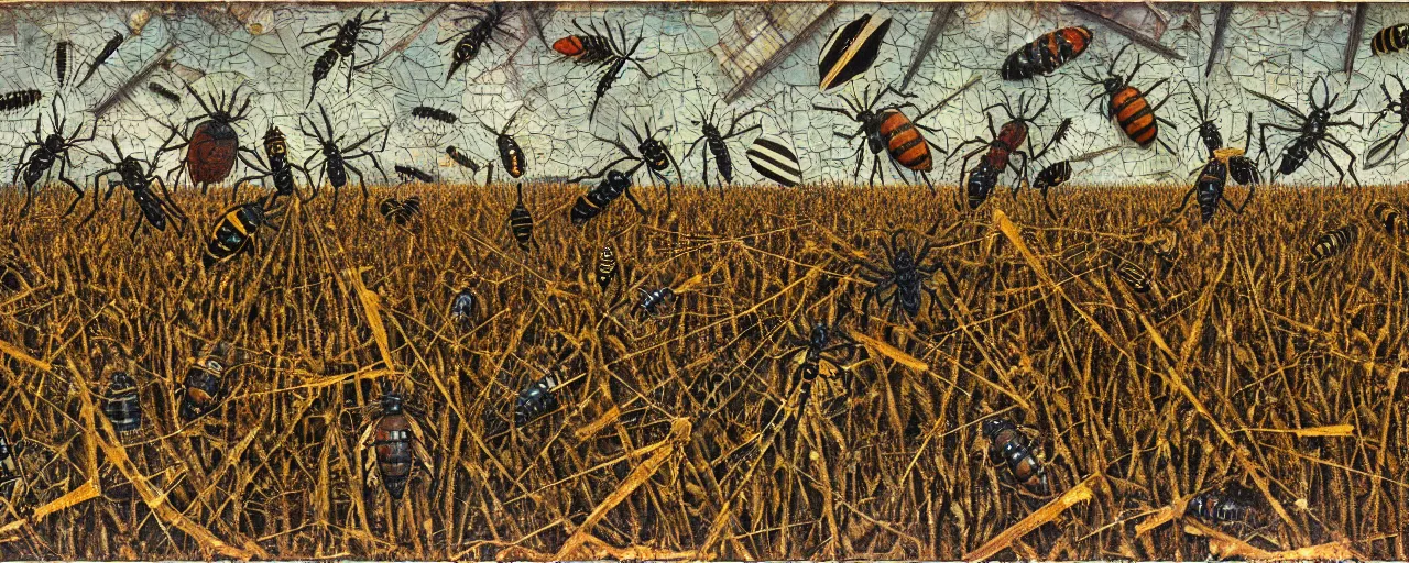 Prompt: strange giant insects, beetles, spiders, wasps, bees, maggots, locusts and flies, swarming in a cornfield, oil painting by max ernst and anselm kiefer, decay, mixed media, textured, sharp focus, highly detailed, photographic emulsion cracked and peeling, rust, cinematic lighting, 8 k, hd