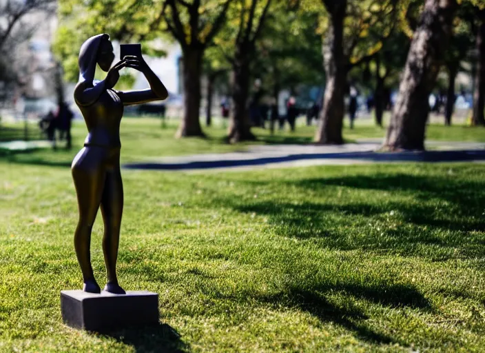 Image similar to photo still of a bronze statue of a woman using an iphone to take a selfie in a park on a bright sunny day, 8 k 8 5 mm f 1 6