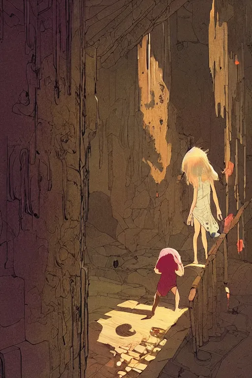 Image similar to a girl pushing a giant wooden door with archaic symbols embedded onto it, in a cave with the waterfall, digital art, illustrated by pascal campion and moebius and victo ngai