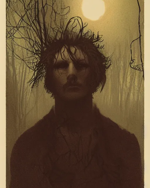 Prompt: a handsome but sinister and creepy man in layers of fear, with haunted eyes, violence in his eyes, tangled hair, 1 9 7 0 s, seventies, delicate embellishments, a little blood, woodland, moonlight shining on wildflowers, painterly, offset printing technique, by alexandre cabanel