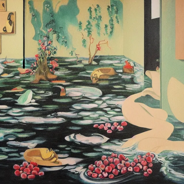 Image similar to painting of flood waters inside an apartment, tall female emo art student, a river flooding indoors, tangelos, zen, pigs, ikebana, water, river, rapids, waterfall, black swans, canoe, pomegranate, berries dripping, acrylic on canvas, surrealist, by magritte and monet