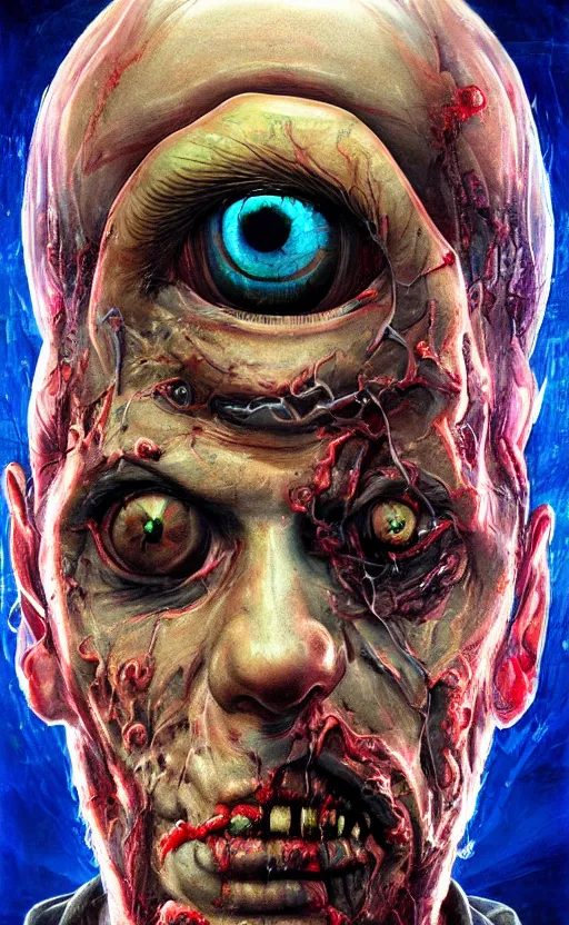 Prompt: upper half portrait of a man with spiral eyes and zombie features drooling - inside of a distorted with 3 d eyes all around him - in drew struzan movie poster style, art by drew struzan & hsiao - ron cheng, highly detailed, digital painting, ray tracing, illustration, smooth, sharp focus, intricate, symmetry, artstation,