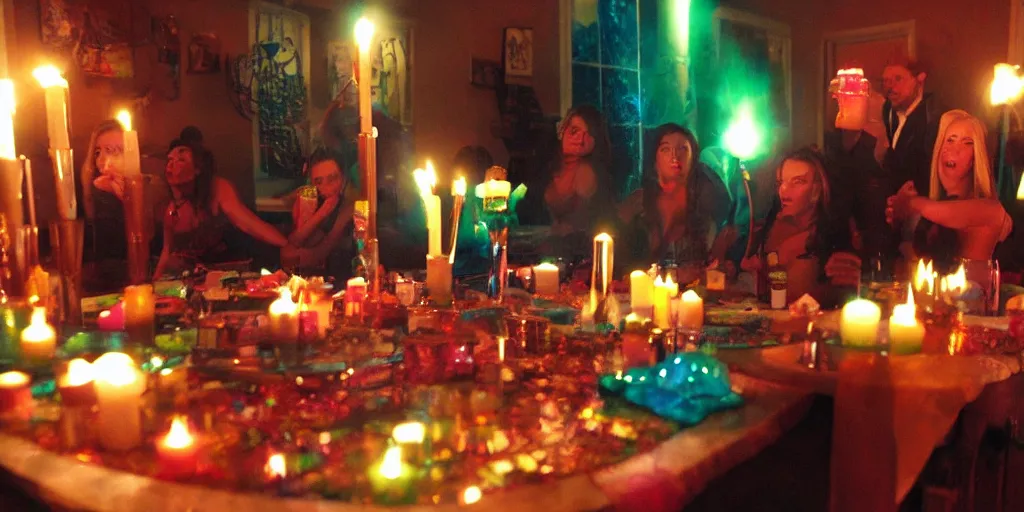 Image similar to opening shot of a party at midnight, indoors, bay area, candles, hot tub, friendship, fun, peyote colors, cinematic movie still