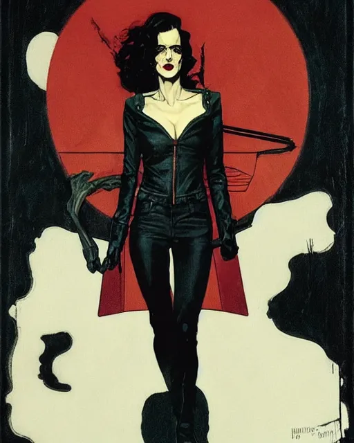 Prompt: Rafael Albuquerque comic art, Norman Rockwell, Joshua Middleton, pretty Eva Green vampire, sharp vampire teeth, sarcastic smile, symmetrical eyes, symmetrical face, brown leather jacket, jeans, long black hair, full body, building on fire, cool colors