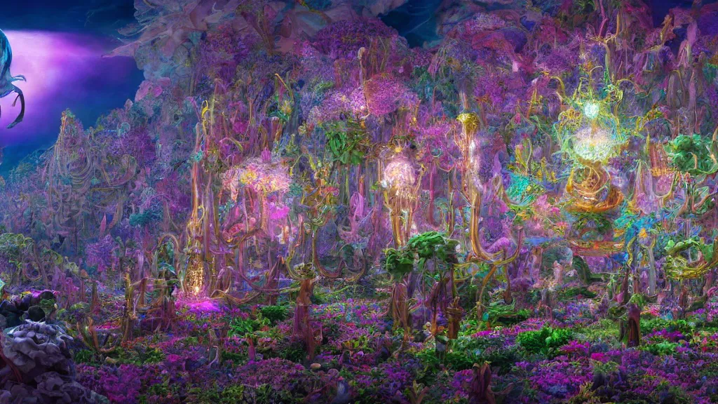 Prompt: ! dream a centered render of intricate modular synthesizer of dargon, shining its light across a tumultuous sea of flowers, undersea animals and one gothic crystal temple by dorothea tanning and salvador dali, trending on artstation, cyber punk, soft color, unreal engine, high detailed, 8 k