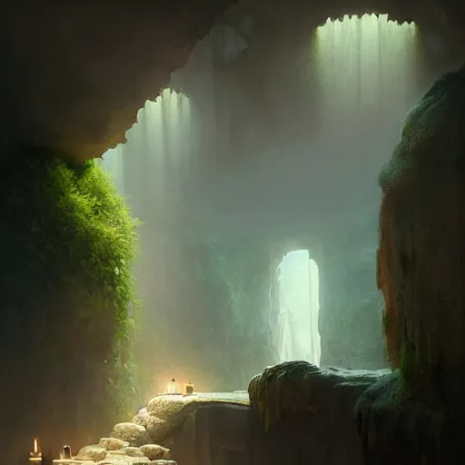 Image similar to cozy, empty bathhouse hidden in a cave, candlelight, towels, cushions, natural light, lush plants and flowers, elegant, smooth cave rock, fantasy, atmospheric lighting, digital painting, Greg Rutkowski concept art