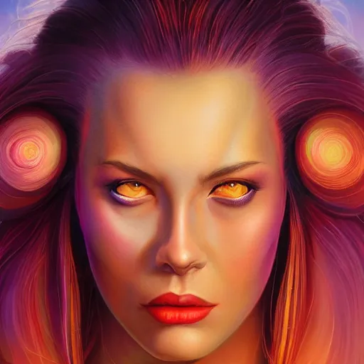 Image similar to celestial goddess facial portrait, legendary epic shot, 90s make-up, low angle, dawn, by artgerm, julie bell, beeple and Greg Rutkowski, airbrush, science fantasy, 90s, concept art, realistic matte painting, Smooth gradients, octane render, 8k, High contrast, duo tone, depth of field, volumetric lightning, very coherent, symmetrical, skin pore detail
