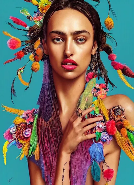 Image similar to beautiful portrait of Irina Shayk wearing dramatic Hand-dyed cotton dress,embellished beaded feather decorative fringe knots ,colorful pigtail,subtropical flowers and plants,symmetrical face,intricate,elegant,highly detailed,8k,digital painting,trending on pinterest,harper's bazaar,concept art, sharp focus, illustration,golden ratio,by artgerm,Tom Bagshaw,Lawrence Alma-Tadema,greg rutkowski