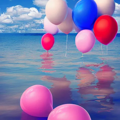 Image similar to a lot of floating birthday balloons. beautiful beach. digital art, highly - detailed, artstation cgsociety masterpiece