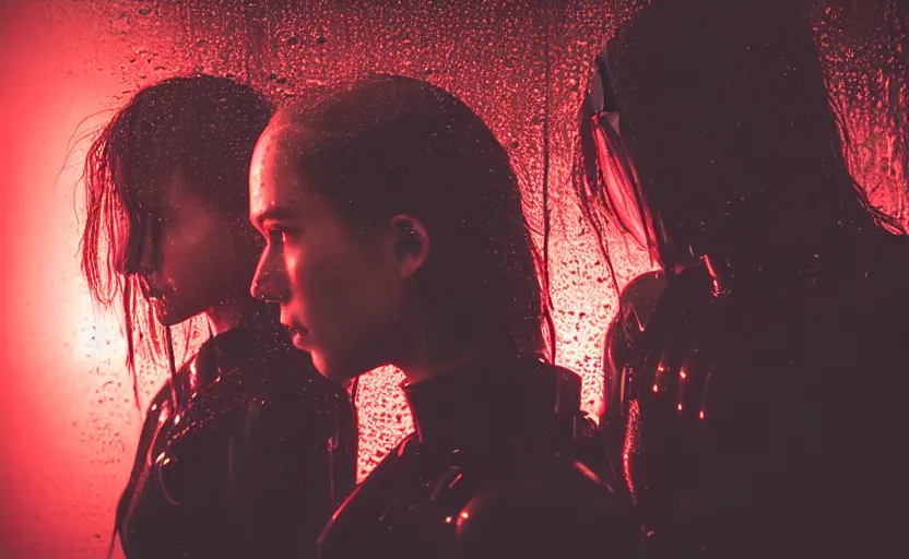 Image similar to cinestill 5 0 d candid photographic portrait by christopher nolan of two loving female androids wearing rugged black mesh techwear in treacherous waters, extreme closeup, modern cyberpunk moody emotional cinematic, pouring rain menacing red spotlight, 8 k, hd, high resolution, 3 5 mm, f / 3 2, ultra realistic faces, ex machina