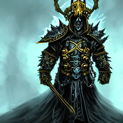 Prompt: lich king wearing black and gold armor with skulls and chains, holding a two handed long straight sword with golden handle, wearing spiked crown helmet with skull mask concept art artstation