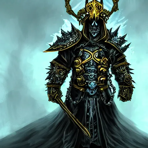 lich king wearing black and gold armor with skulls and | Stable Diffusion