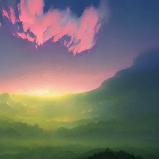 Prompt: lush green valley pink clouds backlit by yellow sun, nostalgic, calming, aesthetic, volumetric fog, godrays, high contrast, high contrast, high contrast, vibrant colors, vivid colors, high saturation, by Greg Rutkowski and Jesper Ejsing and Raymond Swanland and alena aenami, featured on artstation, wide angle, horizontal orientation