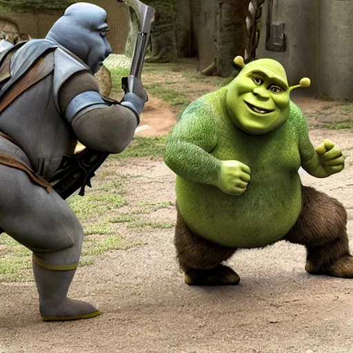 Image similar to shrek engaged in militia combat