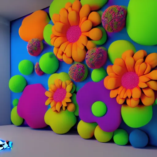 Prompt: : colorful abstract puffy floral sculpture art on the wall in modern architecture studio, meow wolf, cinematic lighting, hyper - realistic, detailed, render by c 4 d octane, unreal engine, 8 k 3 d render