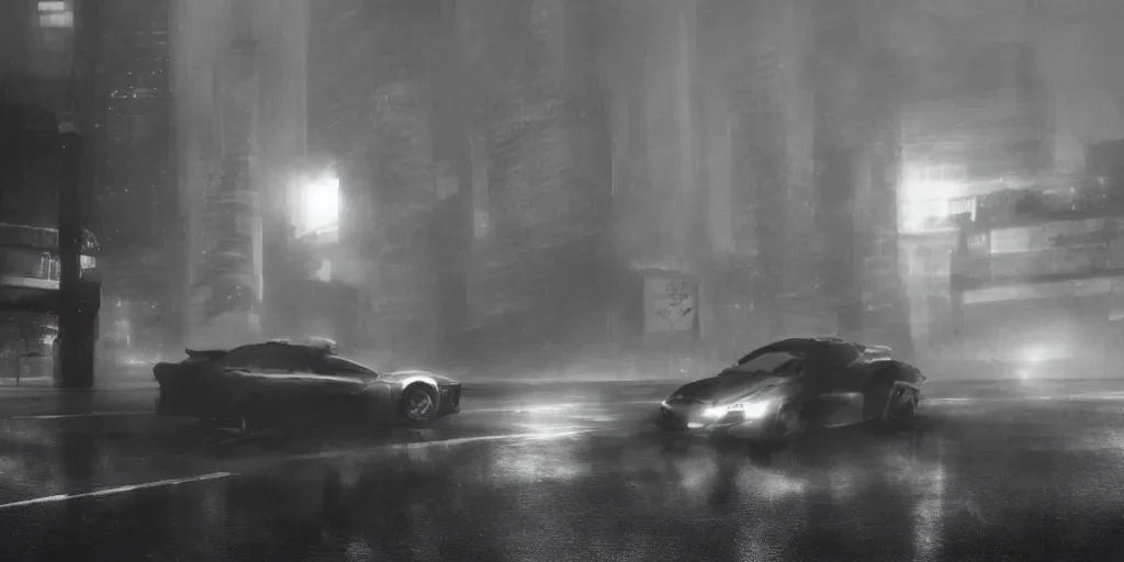 Image similar to a noir film scene, single character, car, mist, foggy, mysterious, monochrome, by yoji shinkawa