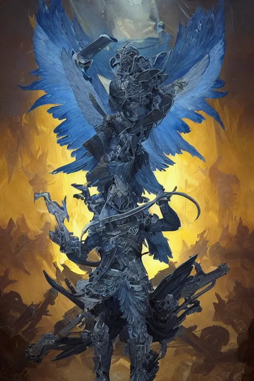Prompt: A ghost soldier with wings with a blue and yellow flag behind him is standing on a pile of skulls in triumph, extended art, D&D, fantasy, intricate, elegant, highly detailed, digital painting, artstation, concept art, matte, sharp focus, illustration, art by Artgerm and Noah Bradley and Scott M Fischer and Greg Rutkowski and Alphonse Mucha
