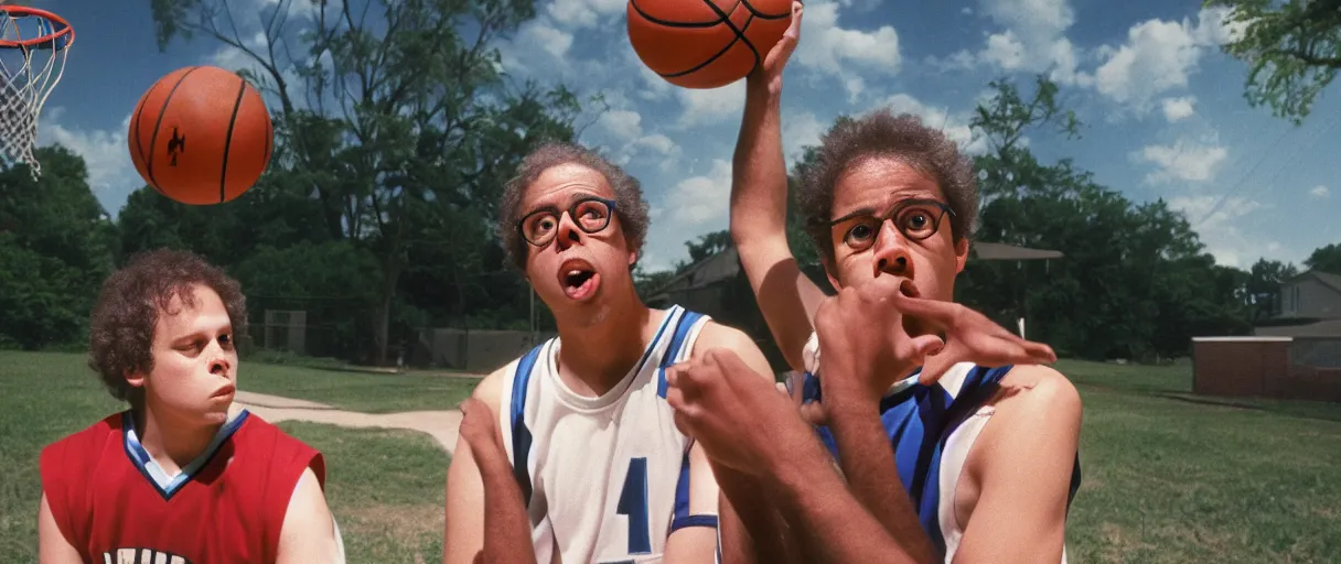 Prompt: award winning photo of todd solondz playing basketball in the hood and smoking weed, vivid colors, happy, symmetrical face, beautiful eyes, studio lighting, wide shot art by sally mann & arnold newman