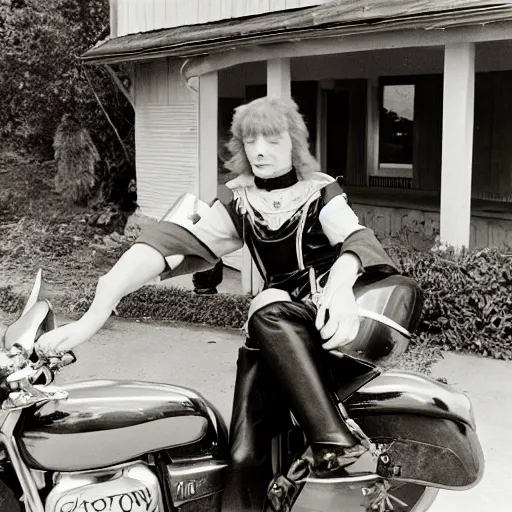 Prompt: a photo by ansel adams of a slender beautiful woman with straight ginger hair and bangs, wearing purple leathers and gold helmet, posing with large ginger tabby and raccoon on a motorcycle in her front yard, holding coffee mug and toasted brioche bun, 8 5 mm lens