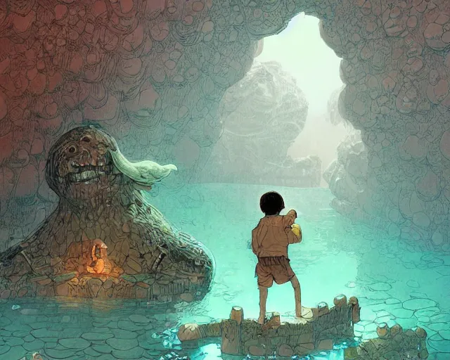Image similar to a boy sneaking behind a giant sleeping cyclops, in a cave by the water, digital art, illustrated by james gurney and victo ngai
