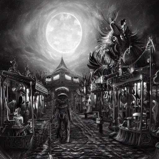 Image similar to ultra realist soft painting of a curiosities carnival by night, horror, omnious sky, symmetry accurate features, very intricate details, Elden Ring, black and white, volumetric light clouds