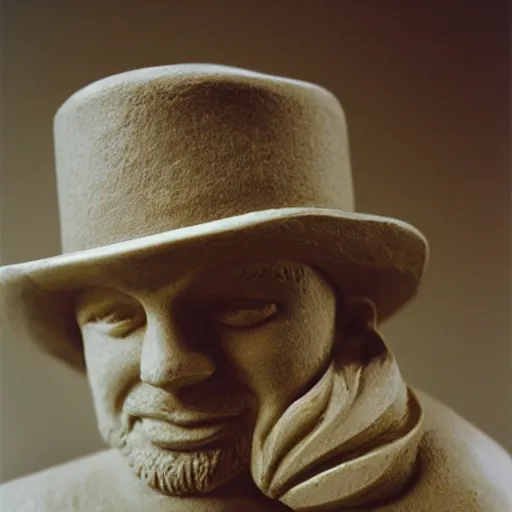 Prompt: photo of soap carving of man wearing a fedora, Kodak Ultra F9, 35mm