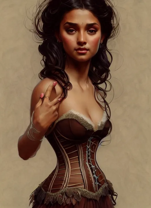 Image similar to cute brown woman wearing a transparent corset dress, fantasy, intricate, highly detailed, digital painting, artstation, concept art, wallpaper, smooth, sharp focus, illustration, art by artgerm and greg rutkowski and alphonse mucha