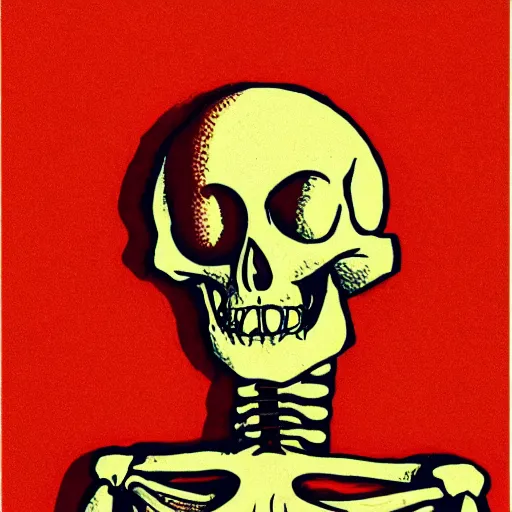 Prompt: vivid risograph of one skeleton on orange background