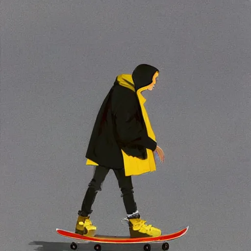 Prompt: a highly detailed epic cinematic concept art CG render digital painting artwork costume design: a girl in a 1950s extremely oversized hoodie and giant 1950s man's coat, with a skateboard. all in grey and yellow. By Greg Rutkowski, Ilya Kuvshinov, WLOP, Stanley Artgerm Lau, Ruan Jia and Fenghua Zhong, trending on ArtStation, made in Maya, Blender and Photoshop, octane render, excellent composition, cinematic atmosphere, dynamic dramatic cinematic lighting, aesthetic, very inspirational, arthouse