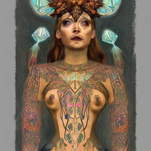 Image similar to the moth crown, by Annie Swynnerton and Nicholas Roerich, bioluminescent skin, tattoos, elaborate costume, geometric ornament, symbolist, smooth, sharp focus, extremely detailed, featured on Artstation, unreal engine