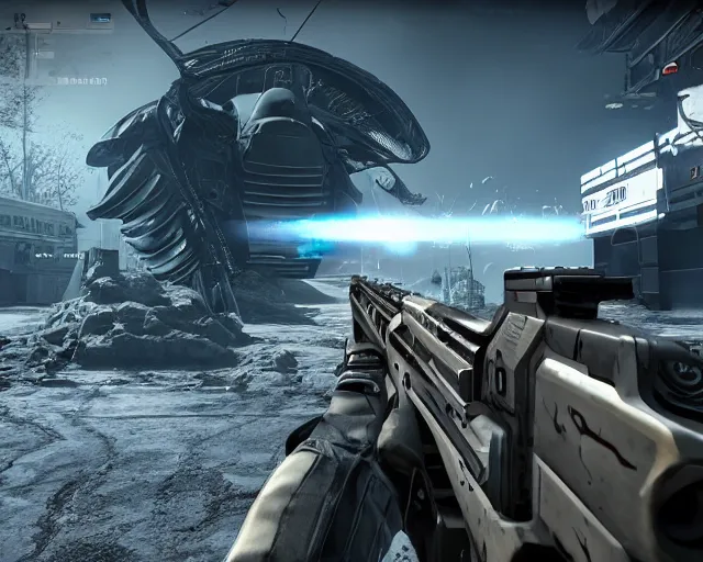 Image similar to screenshot from FPS game, futuristic gun, alien enemies, cryengine hd 8k