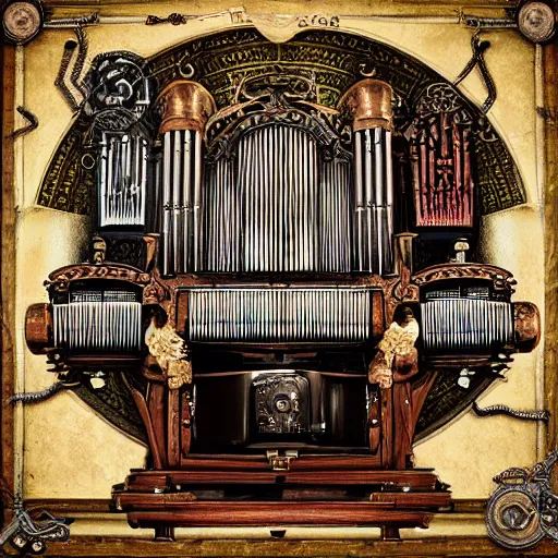 Prompt: steampunk pipe organ lp album art, intricate detail, mechanical, baroque oil painting