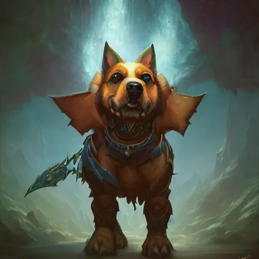 Prompt: Portrait of a aesthetic Dog in World of Warcraft, cover art, ultra wide lens shot, pretty, beautiful, DnD character art portrait, matte fantasy painting, DeviantArt Artstation, by Jason Felix by Steve Argyle by Tyler Jacobson by Peter Mohrbacher, cinematic lighting