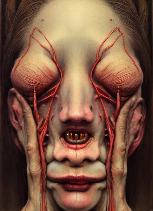 Prompt: there is ugliness in beauty, but there is also beauty in ugliness detailed portrait painting inspired by beksinski and alex gray, accurate anatomy by jenny saville, edward hopper trending on artstation. 8 k