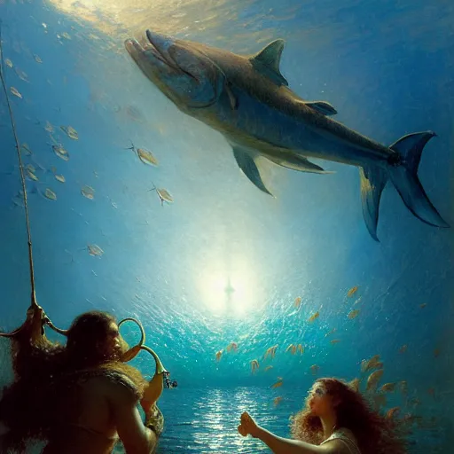 Image similar to point of view of deep in the ocean looking up, you see fishes, higher up you see very clearly the milk way illuminating the sea down bellow. highly detailed painting by gaston bussiere, greg rutkowski 8 k