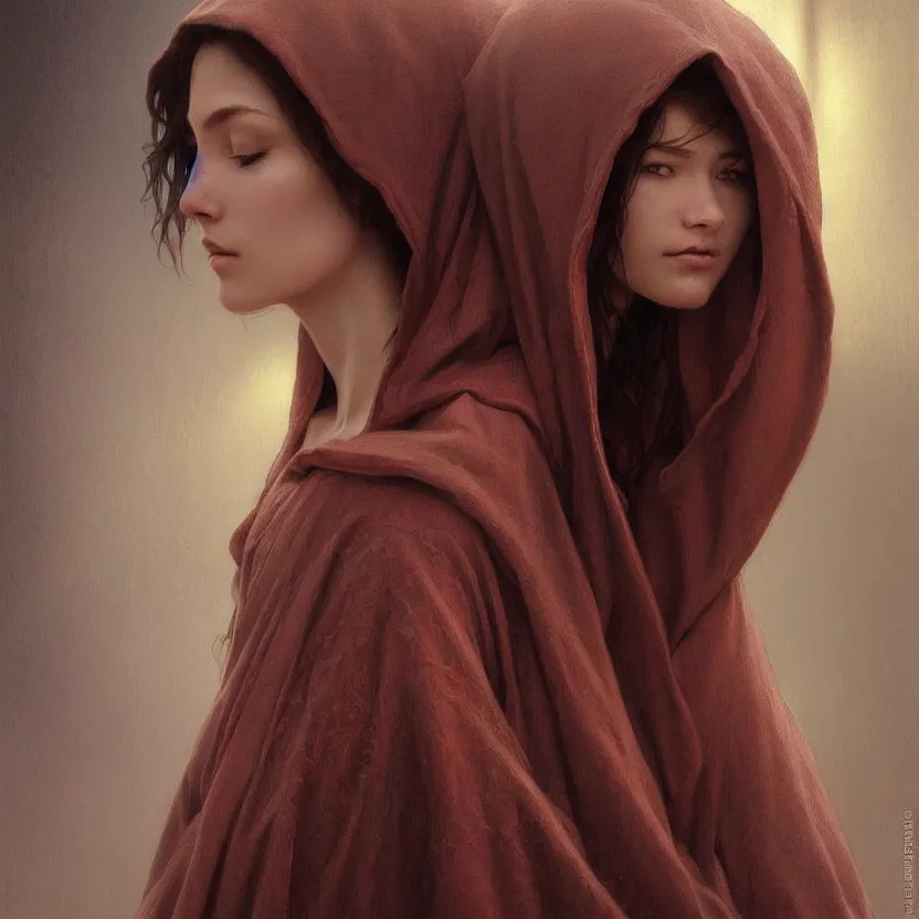 Image similar to Portrait of a young woman wearing a hooded robe, non-centered shot, unique pose, intricate, elegant, highly detailed, digital painting, artstation, concept art, smooth, sharp focus, illustration, art by artgerm and greg rutkowski and alphonse mucha, by beksinski