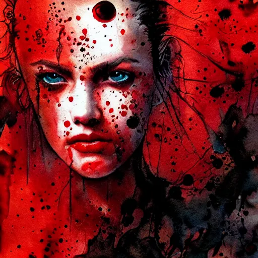 Prompt: wallpaper, black with blood spatters, detailed watercolor art, drew struzan illustration art, key art, portrait