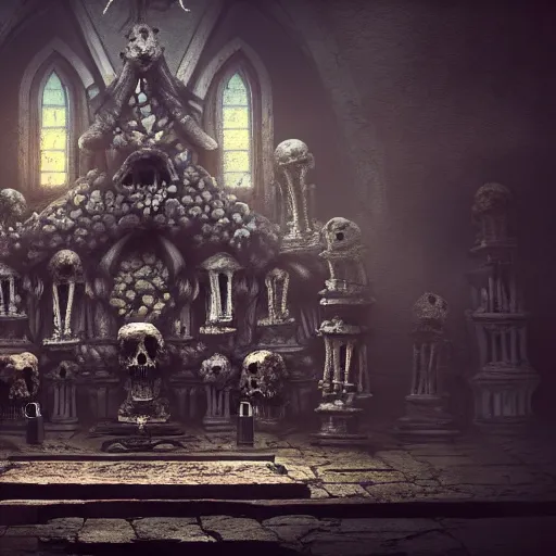 Image similar to full color, low ultrawide interior shot of sedlec ossuary, bones, anime style mixed with fujifilm, dark, foggy, atmospheric, artstation, cgsociety, octane render, cgi, denoise, detailed, cinematic masterpiece