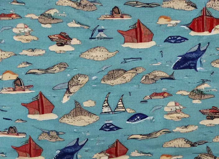 Prompt: cape with a map of the sea and whales on it. boat. fabric, stitched. whales. harpoon. humpback