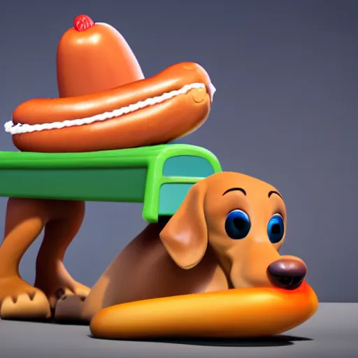 Prompt: giant hot dog with daschund dog inside detailed 4k pixar 3d render