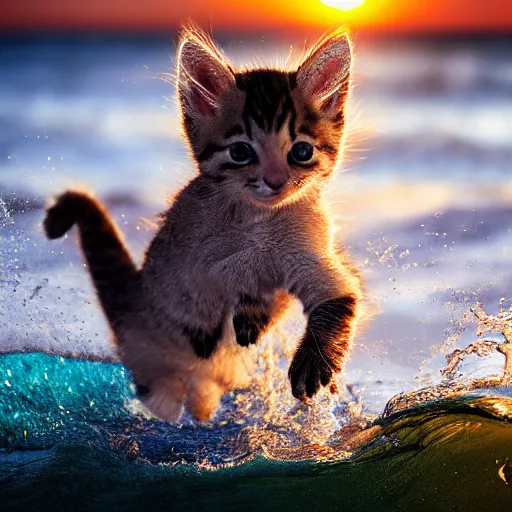 Image similar to a closeup photorealistic photograph of a cute kitten kangaroo hybrid splashing in the surf during sunset. professional capture, well lit shot. this 4 k hd image is trending on artstation, featured on behance, well - rendered, extra crisp, features intricate detail, epic composition and the style of unreal engine.