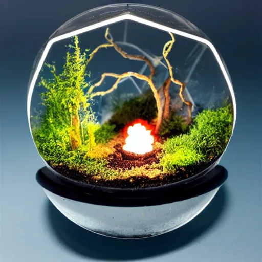 Image similar to a terrarium with nuclear reaction having meltdown diorama inside on top of a minimalist table, lit from the side