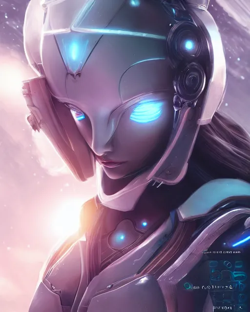 Image similar to perfect android girl on a mothership, warframe armor, beautiful face, scifi, futuristic, galaxy, nebula, raytracing, dreamy, long white hair, blue cyborg eyes, sharp focus, cinematic lighting, highly detailed, artstation, divine, by gauthier leblanc, kazuya takahashi, huifeng huang