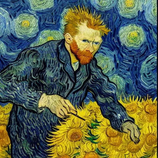 Image similar to An oil painting of Van Gogh is working on a painting in a sunflower field, by Van Gogh