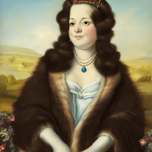 Prompt: historic portrait of the royal Corgi queen
