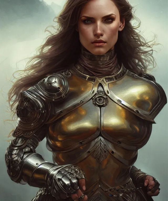 Image similar to Muscular and powerful medieval knight woman portrait, sci-fi, amber eyes, face, long hair, fantasy, intricate, elegant, highly detailed, digital painting, artstation, concept art, smooth, sharp focus, illustration, art by artgerm and greg rutkowski and alphonse mucha