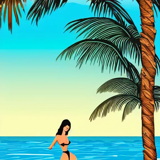 Image similar to a beautiful illustration of a woman in a swimsuit on the beach with palm trees by hed kandi, adobe illustrator